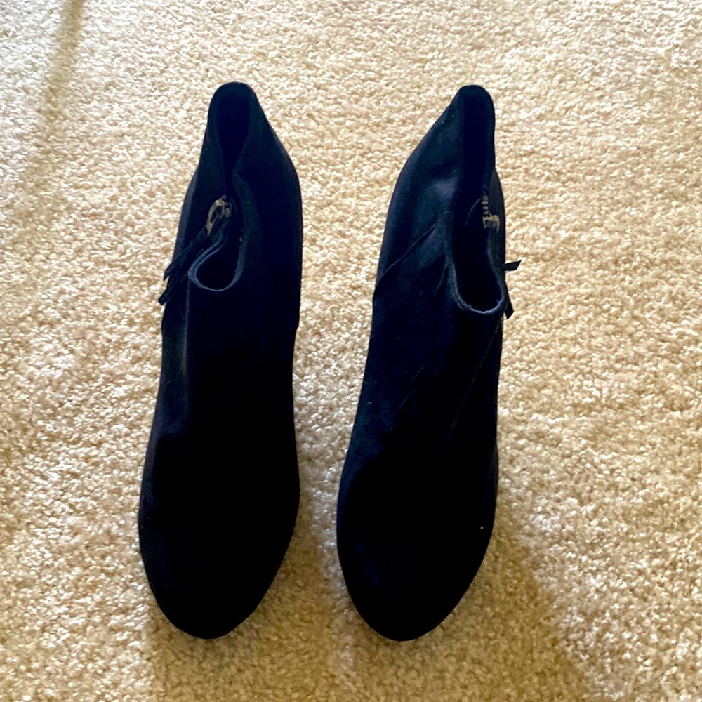 Black faux suede heeled ankle bootie